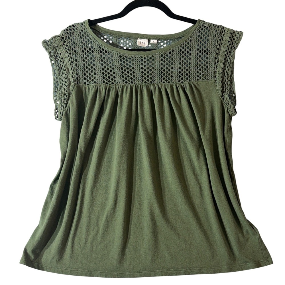 GAP Womens Medium Blouse Green Crochet Lace Yoke Flutter Sleeve Boho Top M
